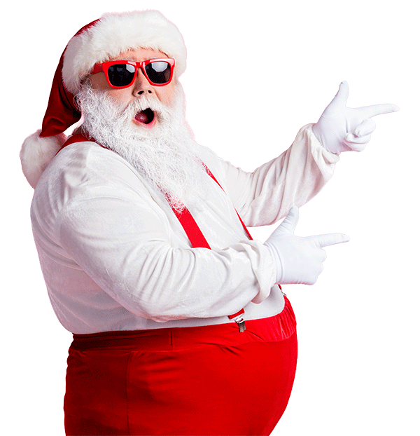 Santa in sunglasses pointing at the Summer Bonus offer