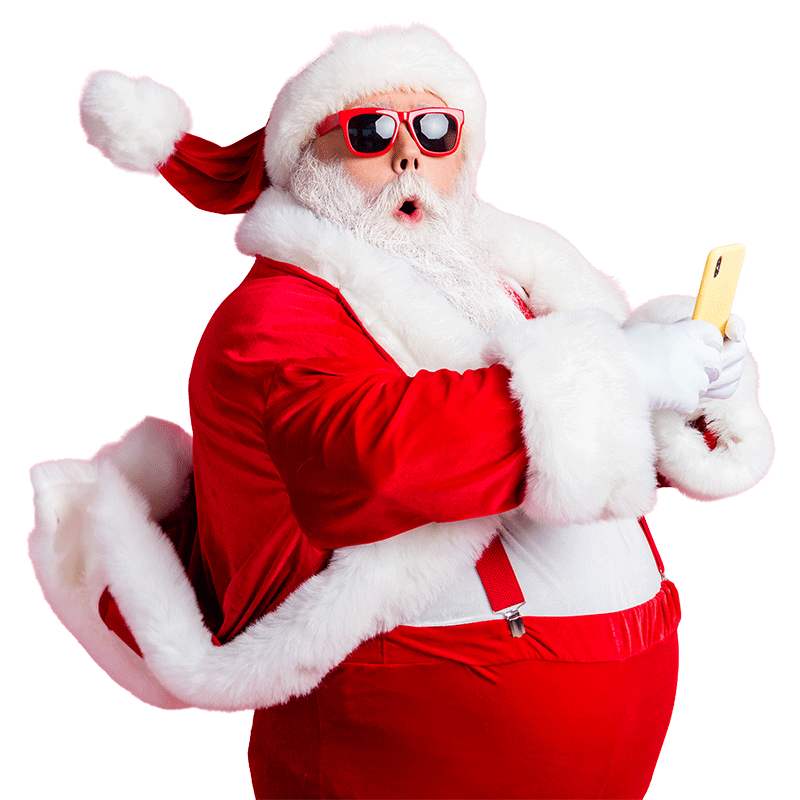 Santa in sunglasses checking the Summer Bonus offer on his phone